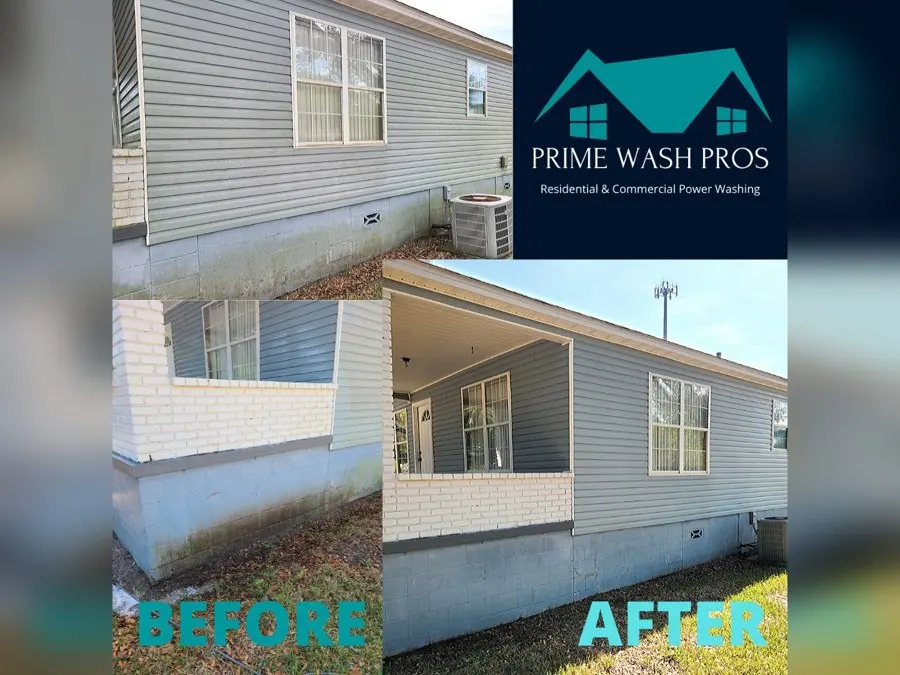 Before and after of washed vinyl and white brick siding